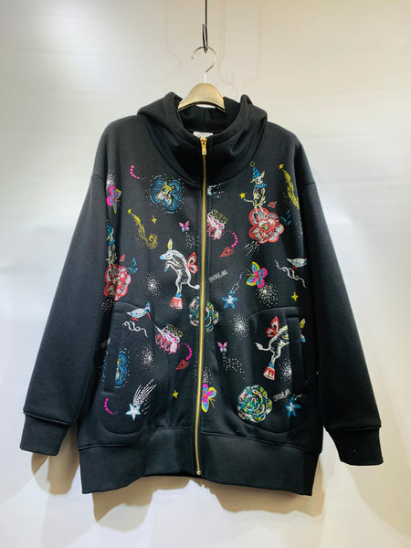 日本🇯🇵Scolar黑色有帽閃閃印花毛底拉鍊外套